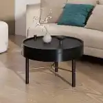 24" Coffee Table, Modern Round Wood Rotating Tray Coffee Table with Storage, Minimalist Circle Coffee Table with Metal Legs, Black Small Round Storage Coffee Tables Center Table for Living Room - Image 4