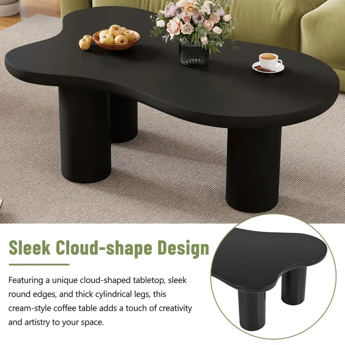 Merax 44" Cloud-Shaped Wooden Coffee Table Cream Style CenterTable with 3 Thick Legs,Minimalist Irregular EndTable - Image 3