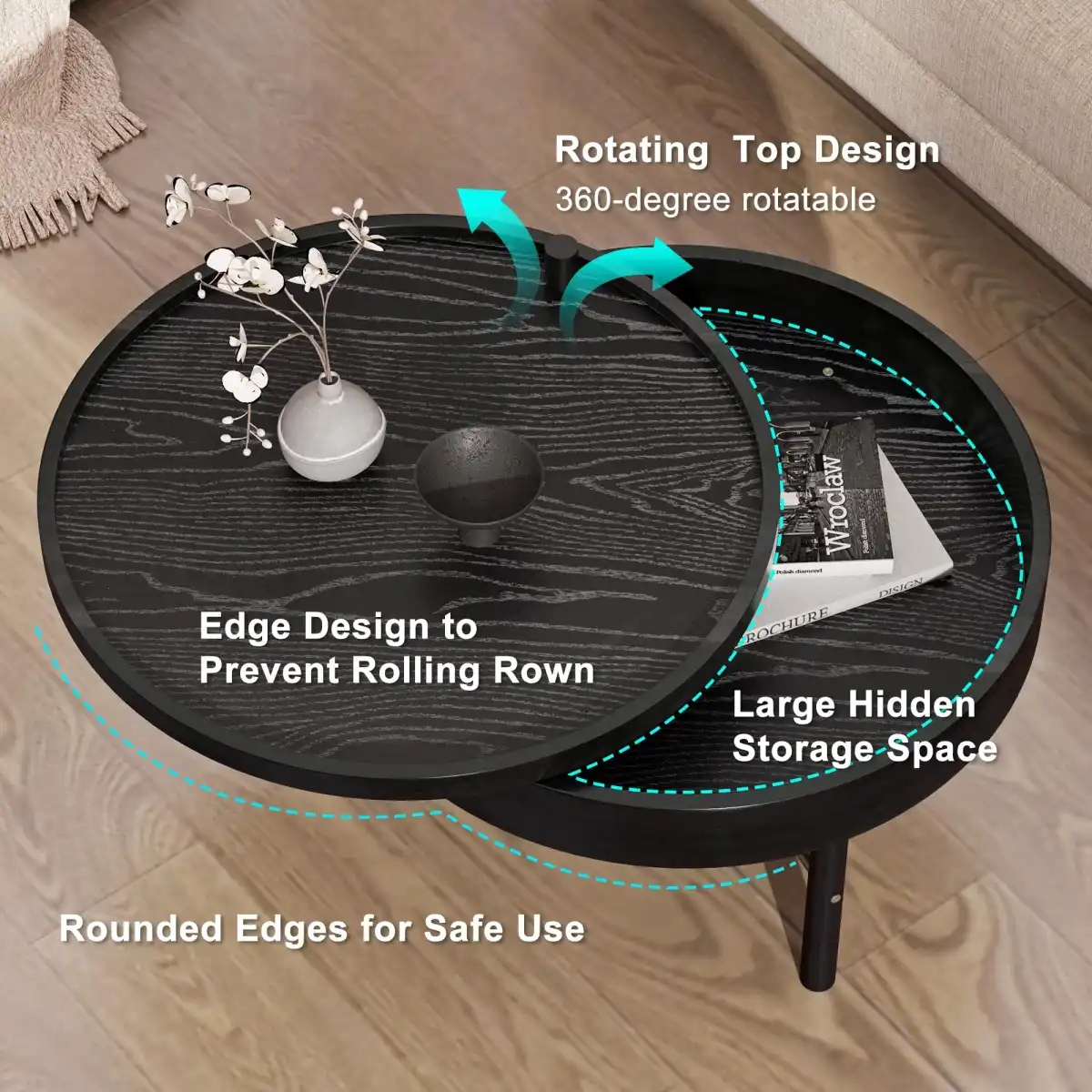 24" Coffee Table, Modern Round Wood Rotating Tray Coffee Table with Storage, Minimalist Circle Coffee Table with Metal Legs, Black Small Round Storage Coffee Tables Center Table for Living Room - Image 3