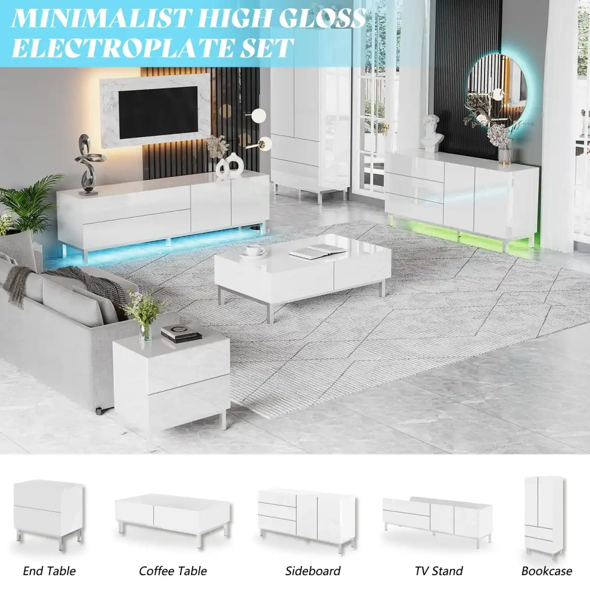 AMERLIFE High Gloss Electroplated Coffee Table, 40" Wide Modern Minimalist Center Table with 2 Magnetic Storage Drawers, Rectangular Simple Cocktail Table for Living Room, Waiting Area, Office, White - Image 8