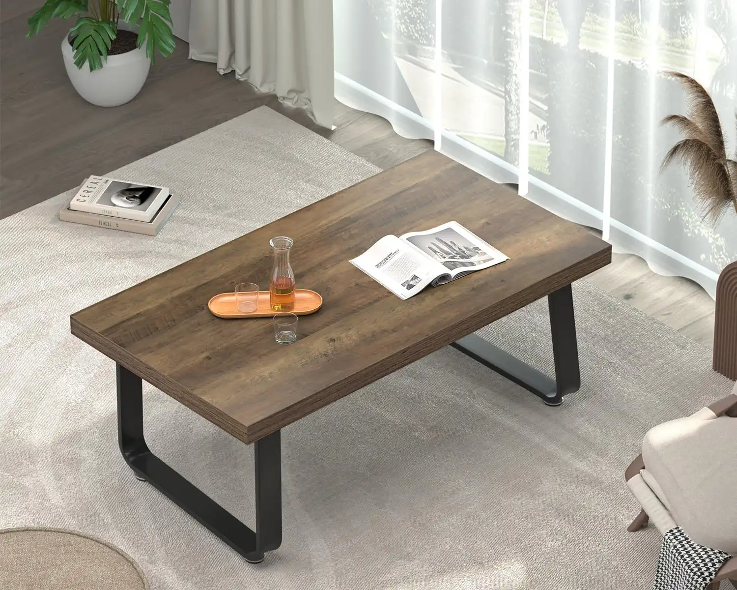 HSH Farmhouse Modern Simple Oak Center Table - Industrial Minimalist Rectangle Living Room Coffee Table, Wood and Metal, Rustic Oak, 39 in