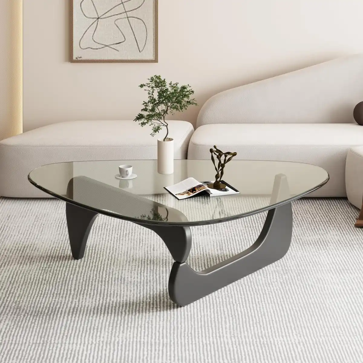 Triangle Coffee Table in Walnut Mid Century Modern Solid Wood Base and Triangle Clear Glass Coffee Table for Living Room Low Minimalist Tea Table Coffee Tables (36 * 25.6 * 16, Black Transparent) - Image 1