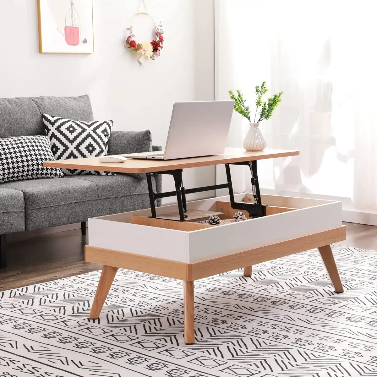 Bidiso Lift Top Coffee Center Table with Hidden Storage Compartment, Easy-to-Assembly , Dining Table for Living Room Reception/Home Office, Oak - Image 9