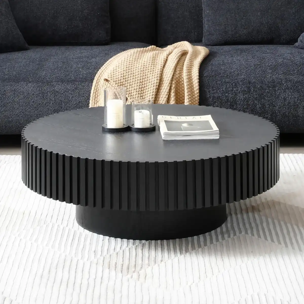 KEVINSPACE Black Round Coffee Table for Living Room Wood CoffeeTableRound Wood CoffeeTabl CircleCoffeeTable Modern Farmhouse Center TableCoffee Table Home Furniture 39.37" - Image 3