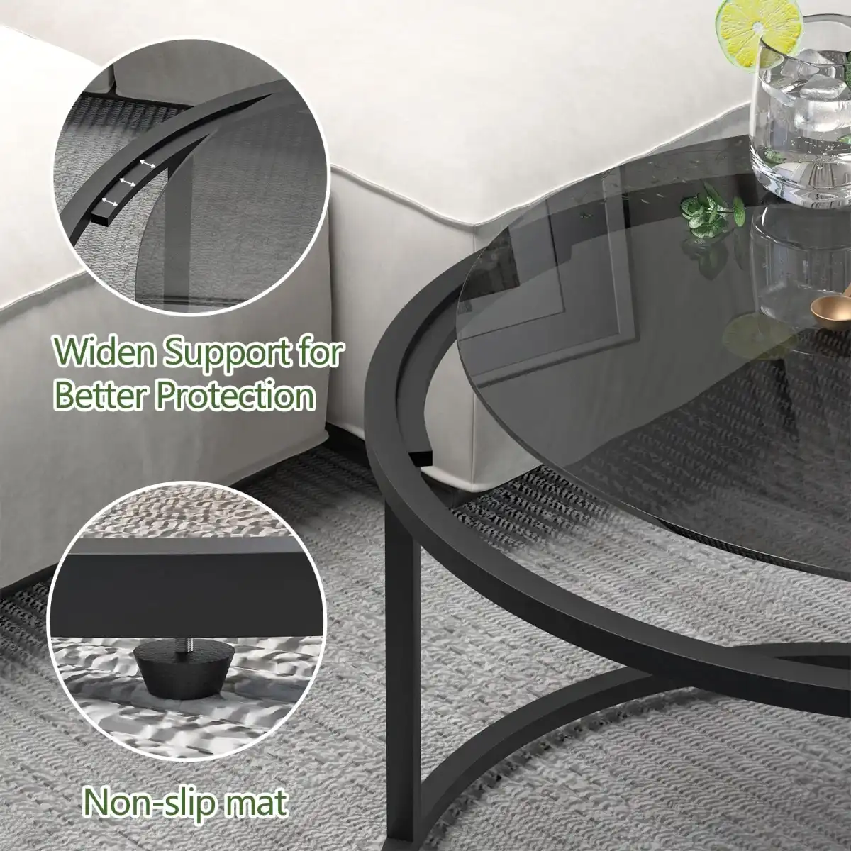Glass Coffee Table Modern Center Table,Minimalist Round Coffee Tea Table,Tempered Glass-top with Sturdy Metal Frame for Living Room Bedroom Office and Small Space, 27 x 27 x 17 Inch,Gray Black - Image 3