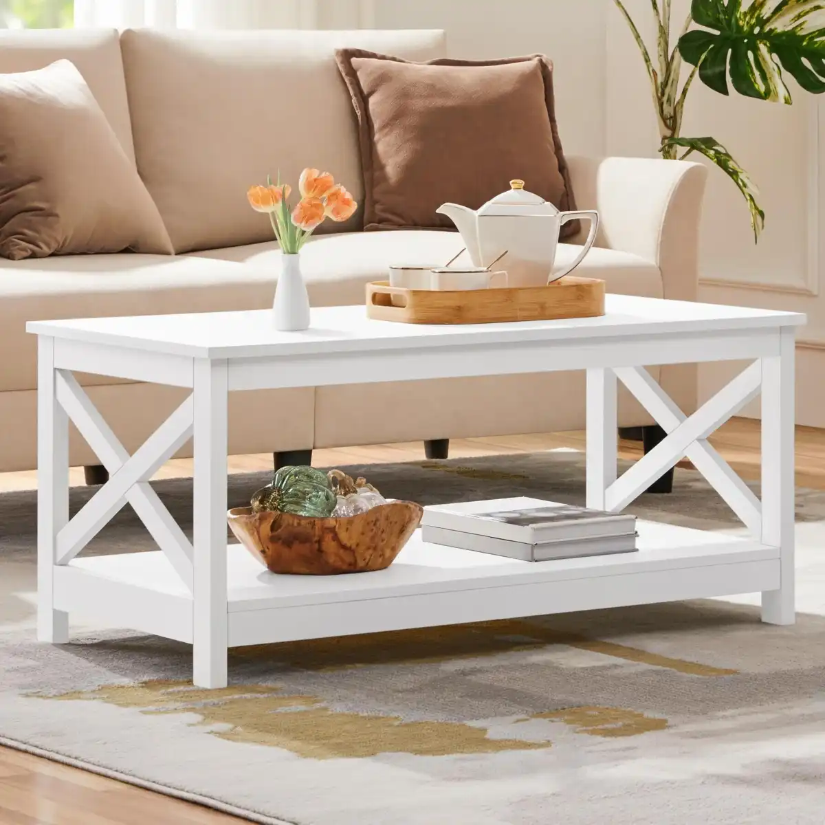Yaheetech Wood 2-Tier White Coffee Table with Storage Shelf for Living Room, X Design Accent Cocktail Table, Simple Design Home Furniture, 39.5 x 20 x 18 Inches - Image 2