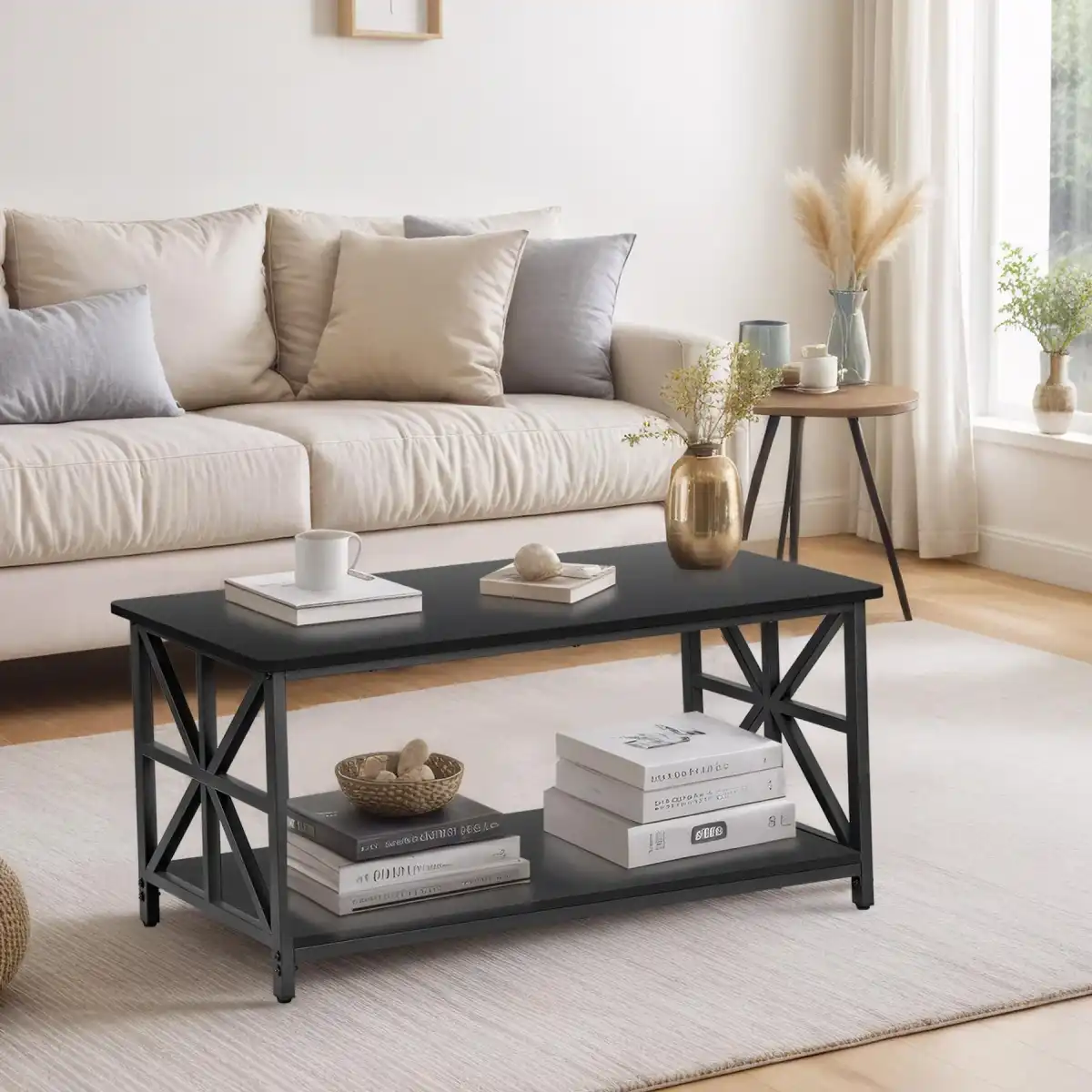 Epetlover 2-Tier Coffee Table for Living Room Industrial Modern Central Table with Wooden Tabletop Metal Frame Storage Shelf Accent Furniture for Home Office, Black - Image 5