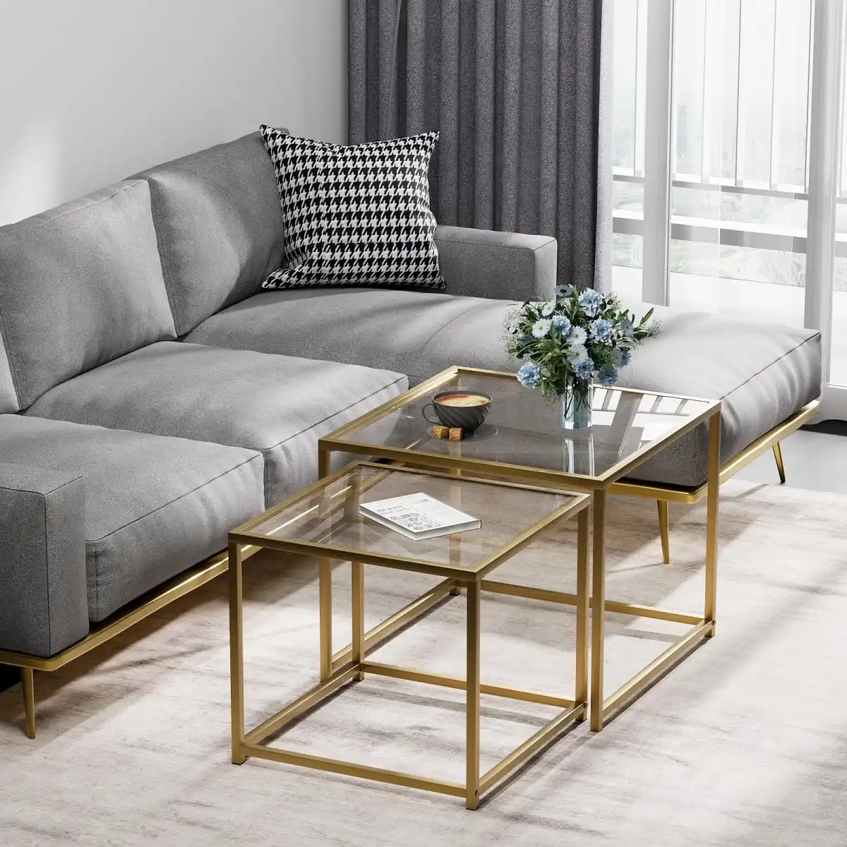 Adompacat Glass Coffee Table Gold,Nesting Tables Set of 2, Minimalist Coffee Side End Tables for Small Spaces, Sofa Side Tea Coffee Table with Metal Frame for Home, Office, Space-Saving - Image 6