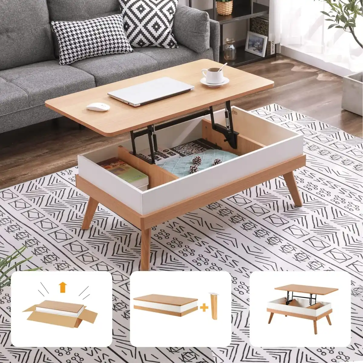 Bidiso Lift Top Coffee Center Table with Hidden Storage Compartment, Easy-to-Assembly , Dining Table for Living Room Reception/Home Office, Oak - Image 1