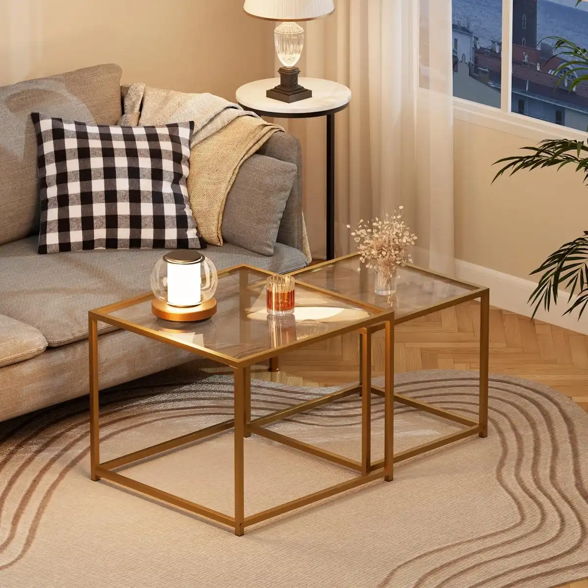 Adompacat Glass Coffee Table Gold,Nesting Tables Set of 2, Minimalist Coffee Side End Tables for Small Spaces, Sofa Side Tea Coffee Table with Metal Frame for Home, Office, Space-Saving - Image 8