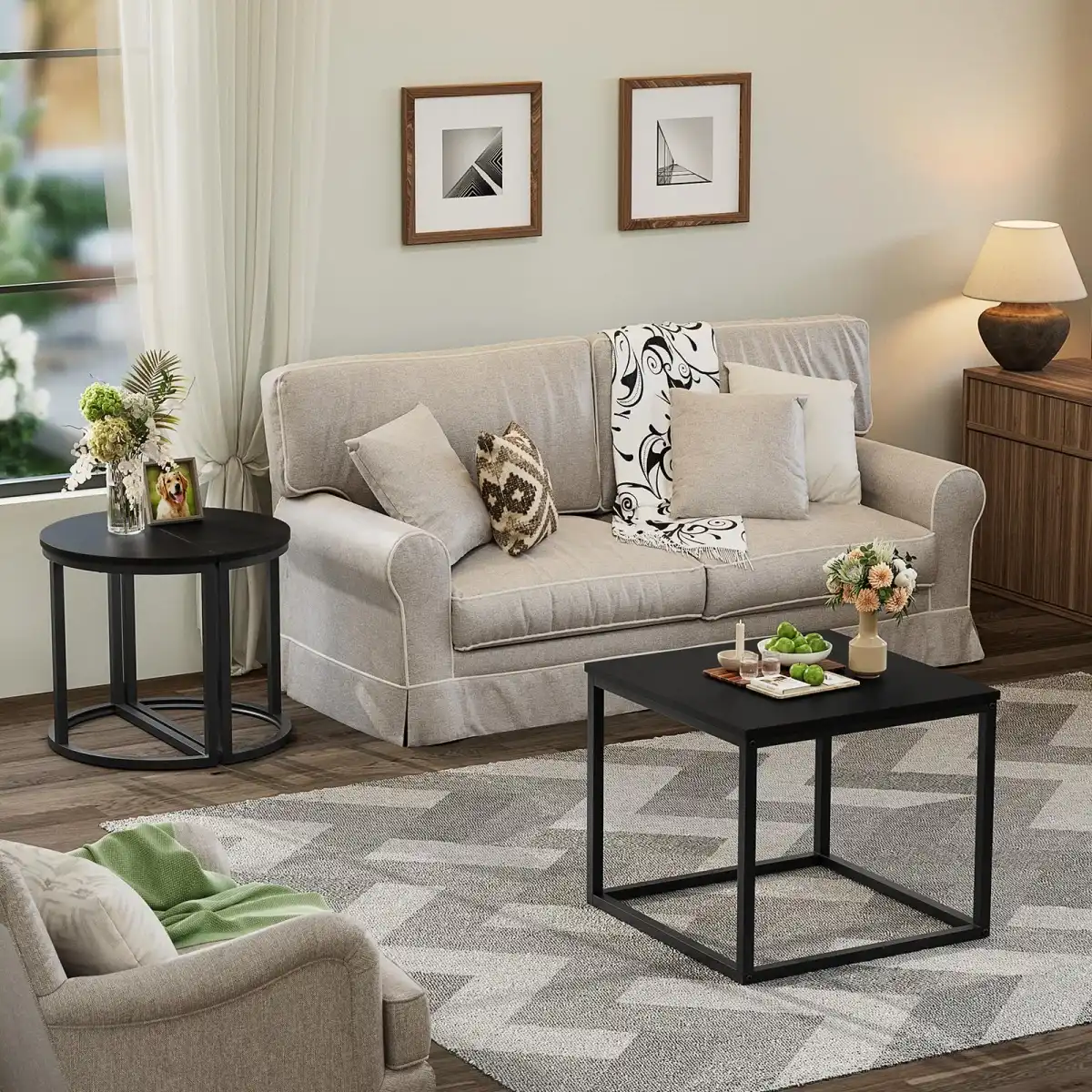 GreenForest Coffee Table Oval 3pcs Set, Modern Living Room Table with 2 End Tables, Small Center Table with Metal Frame for Home Apartment, Black - Image 5