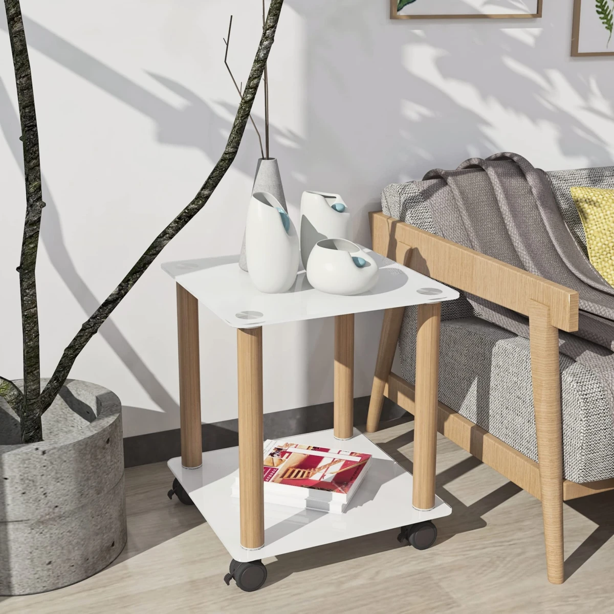 Modern Glass Coffee Table and End Table Set of 3 for Living Room, Rectangle 2-Layer with Storage, Oak Small Sofa Side Tables White Top with Wheels Furniture for Home Office, White - Image 4