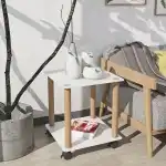 Modern Glass Coffee Table and End Table Set of 3 for Living Room, Rectangle 2-Layer with Storage, Oak Small Sofa Side Tables White Top with Wheels Furniture for Home Office, White - Image 4