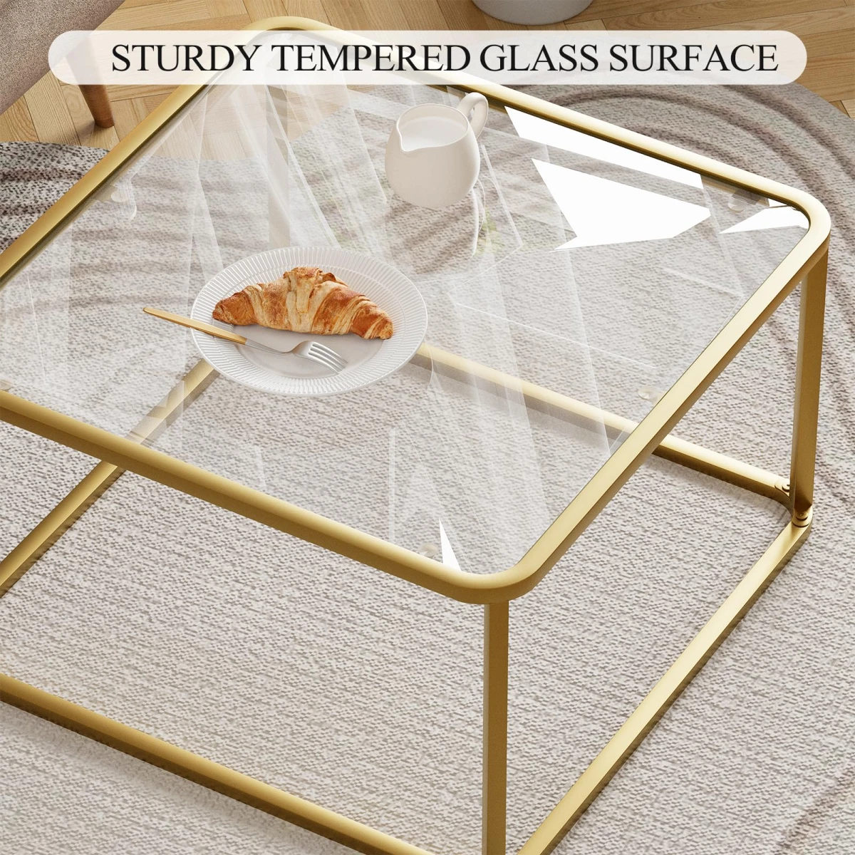 Coffee Table Glass, Minimalist Square Tables for Living Room, Modern Center Table for Office or Small Space, Tempered Glass, Sturdy Metal Frame, Easy Assembly, 26.4 x 26.4 x 15.7 Inches, Gold - Image 3
