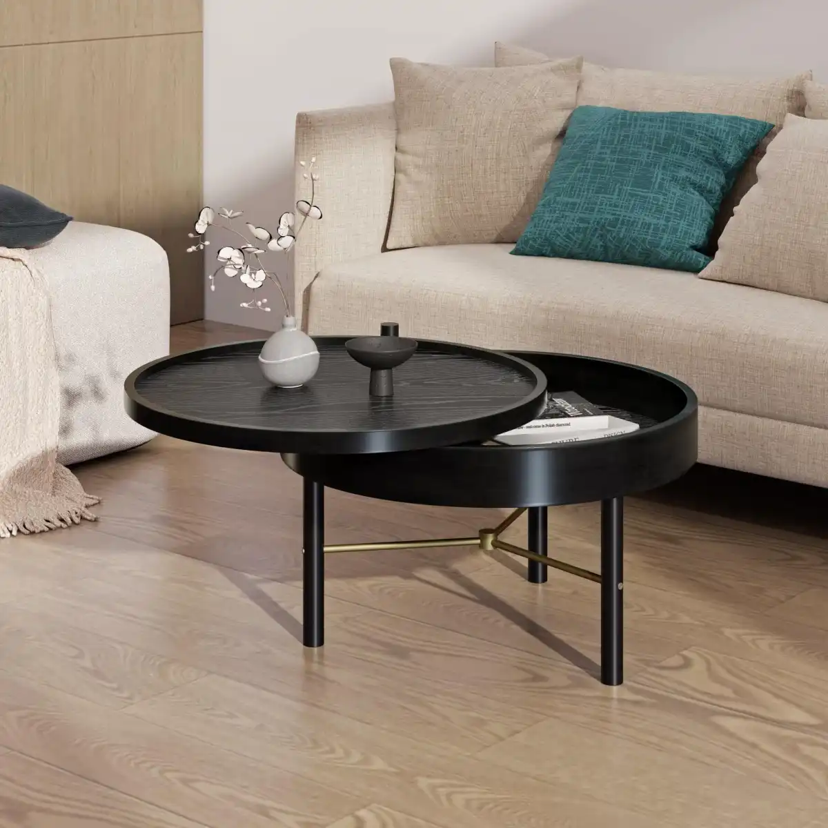 24" Coffee Table, Modern Round Wood Rotating Tray Coffee Table with Storage, Minimalist Circle Coffee Table with Metal Legs, Black Small Round Storage Coffee Tables Center Table for Living Room - Image 6