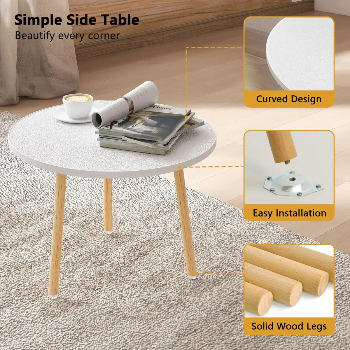 Funecy Round Coffee Table Low Table with 3 Solid Wood Sturdy Legs, Floor Table Desk for Sitting on The Floor, Storage and Living Room Furniture (White) - Image 4