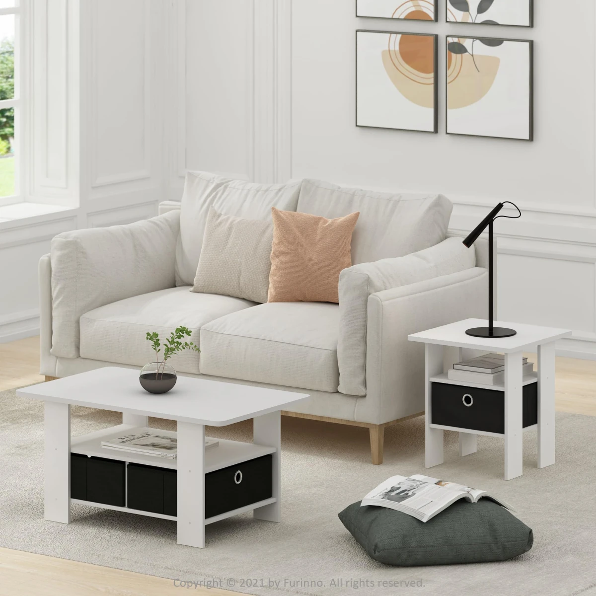 Furinno Andrey Coffee Table with Bin Drawer, White/Black - Image 3