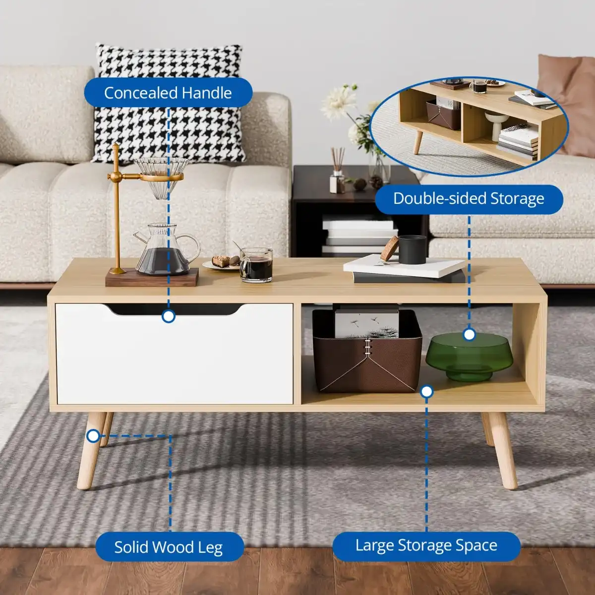 Cozy Castle Modern Wooden Coffee Table with Storage, Minimalist Hallway Mid Century Cocktail Table for Living Room Apartment Reception, Oak - Image 4