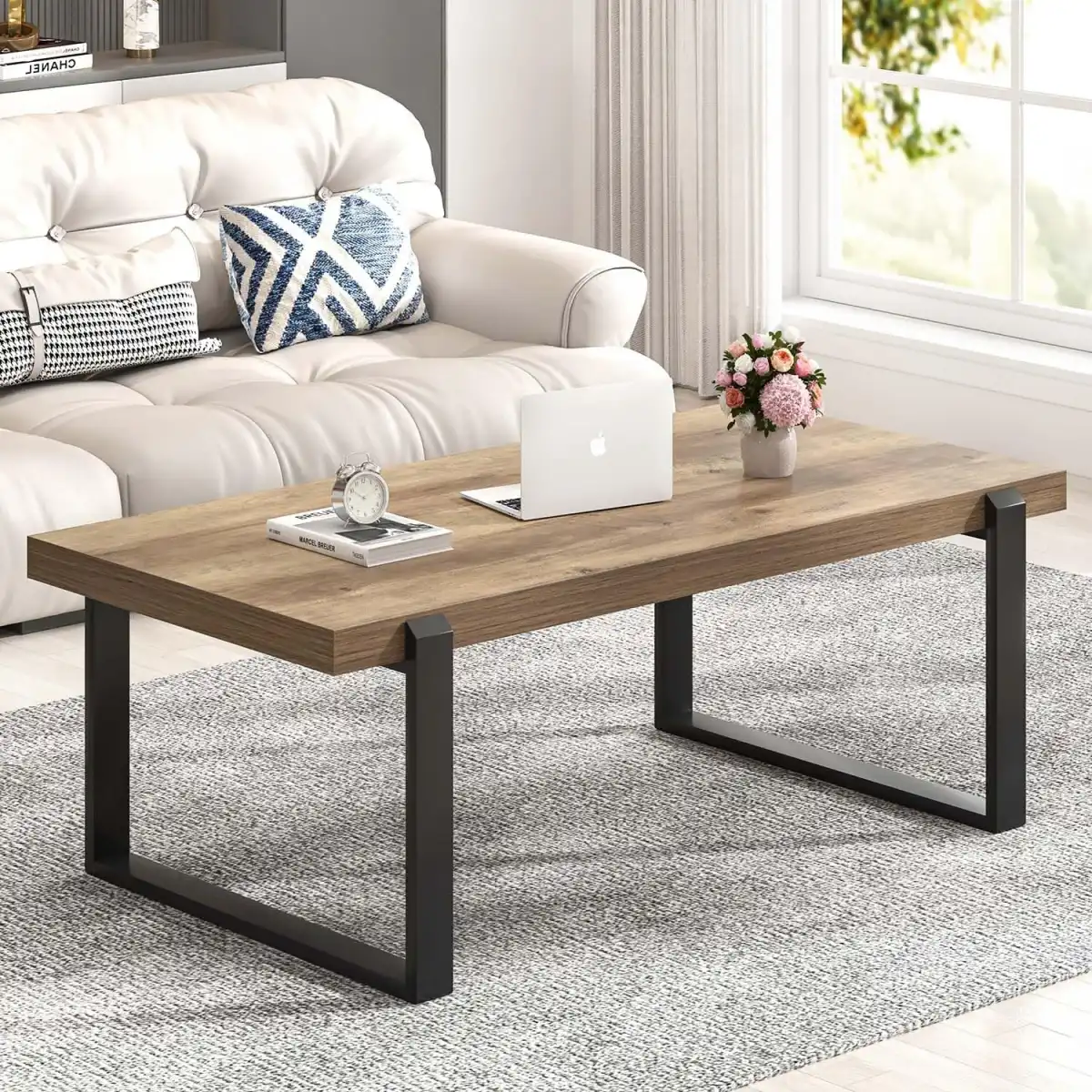 FOLUBAN Rustic Coffee Table, Modern Wood and Metal Industrial Center Table for Living Room, 47 Inch Oak - Image 1