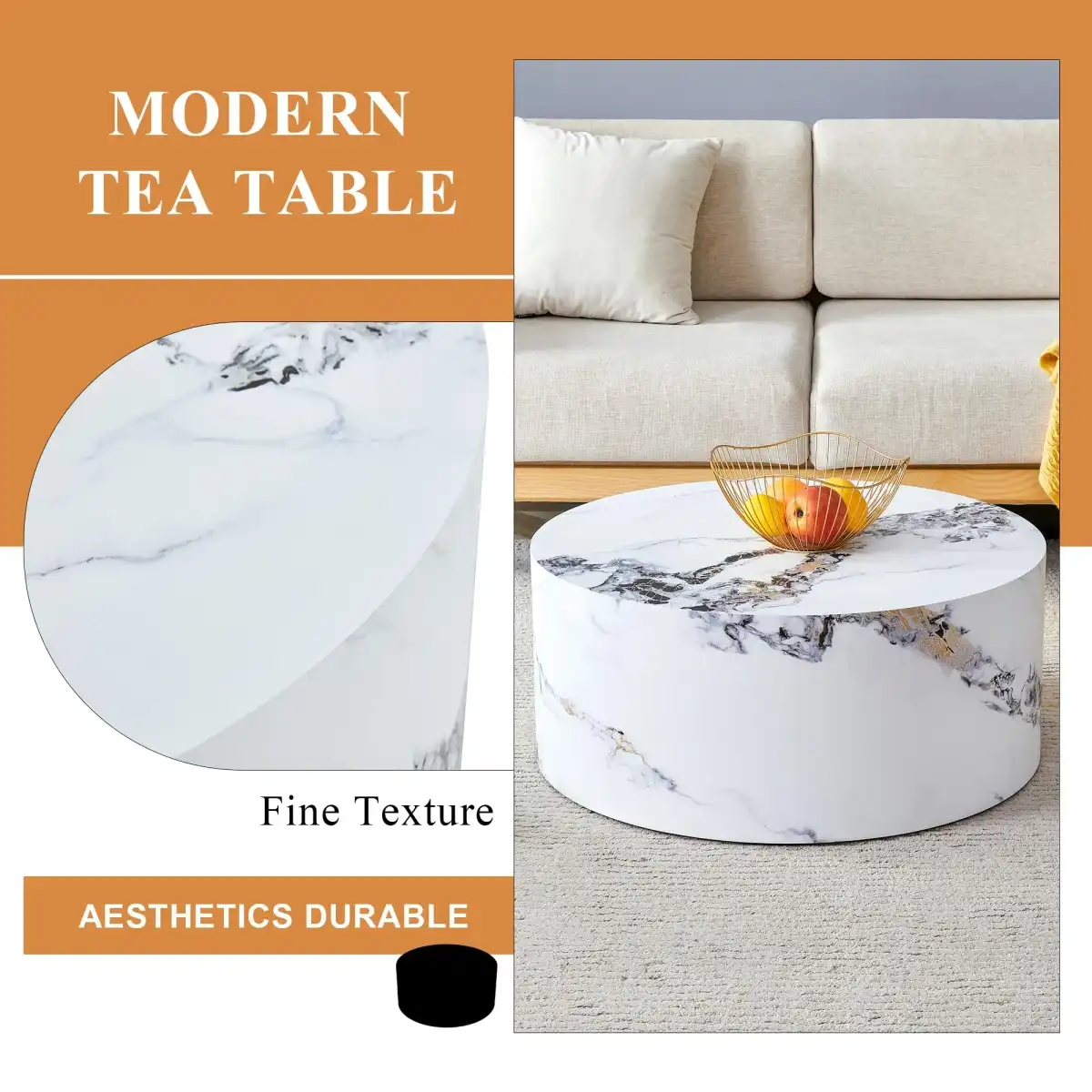 3 Piece Coffee Table Set of 3, Round Coffee Table and End Table Sets with Faux Marble Cylinder, Mordern Coffee Tables and Side Table Set for Living Room Apartment Office, No Assembling, White X 3 - Image 5