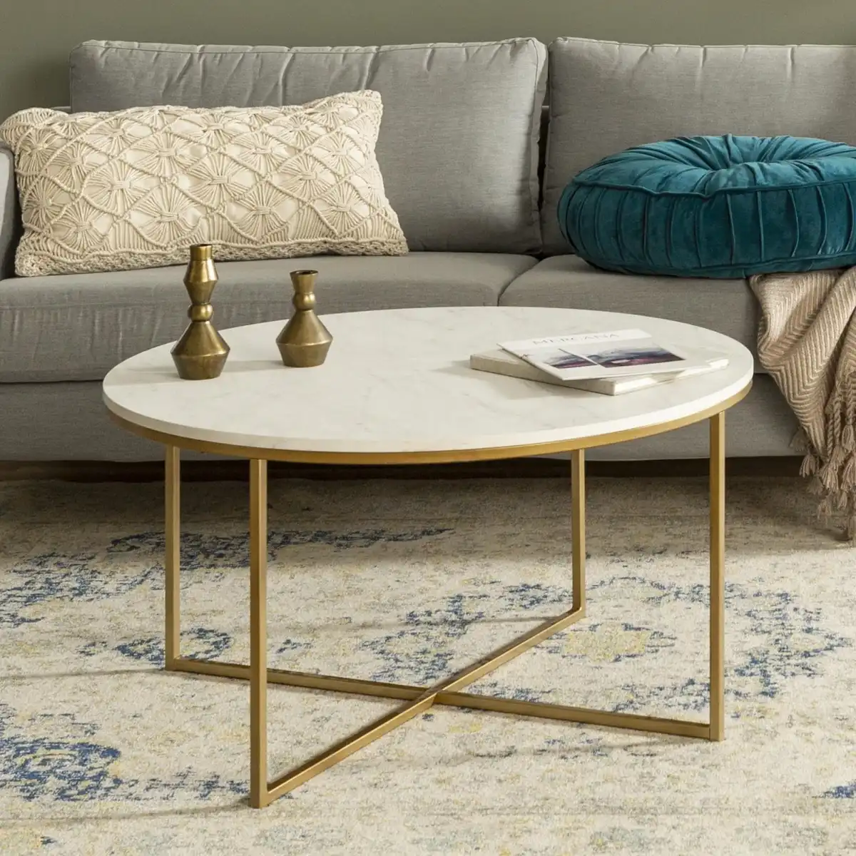 Walker Edison Modern Glam Round Accent Faux White Marble Coffee Table with Gold X-Base, 36 Inch - Image 2