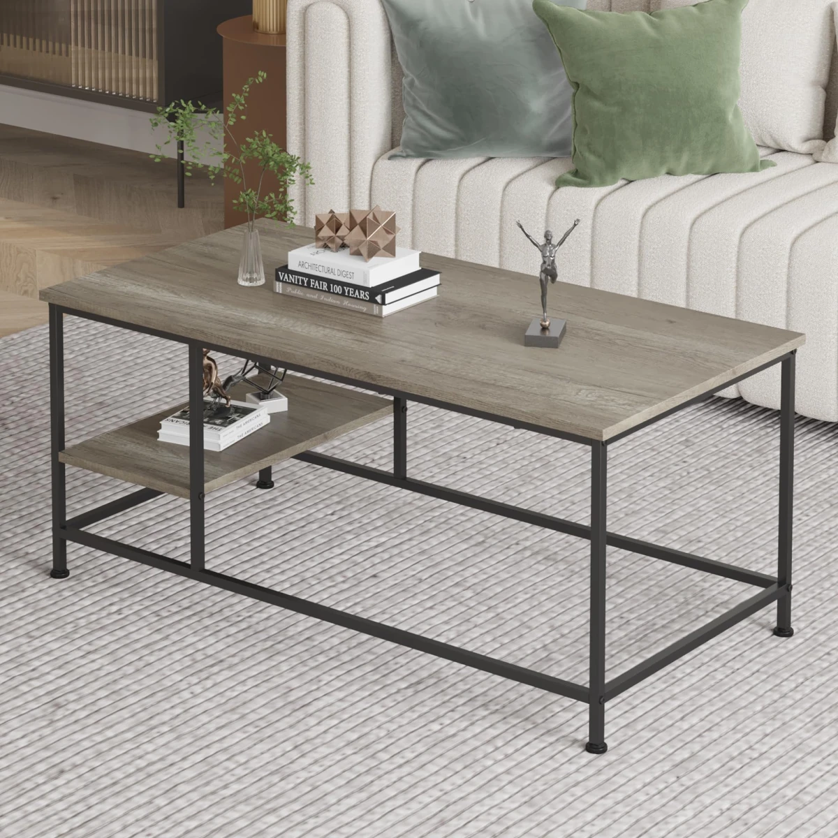 SENIG Grey Oak Rectangle Wood and Metal Coffee Table with Storage Shelf for Small Living Rooms with Shelf - Image 5