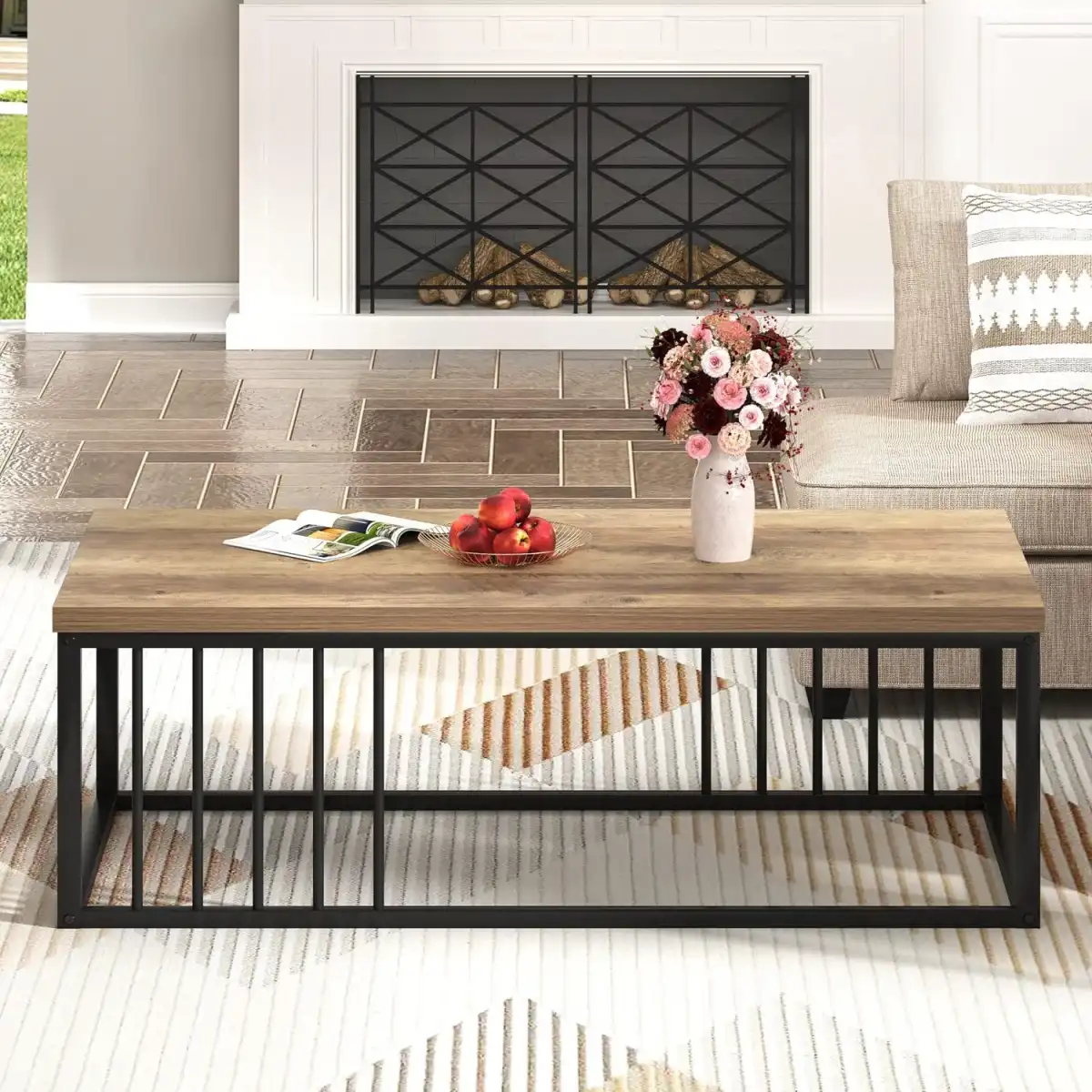 FOLUBAN Modern Coffee Table, Minimalist Wood and Metal Center Table for Living Room, Rustic Oak, 43.3 Inch - Image 5
