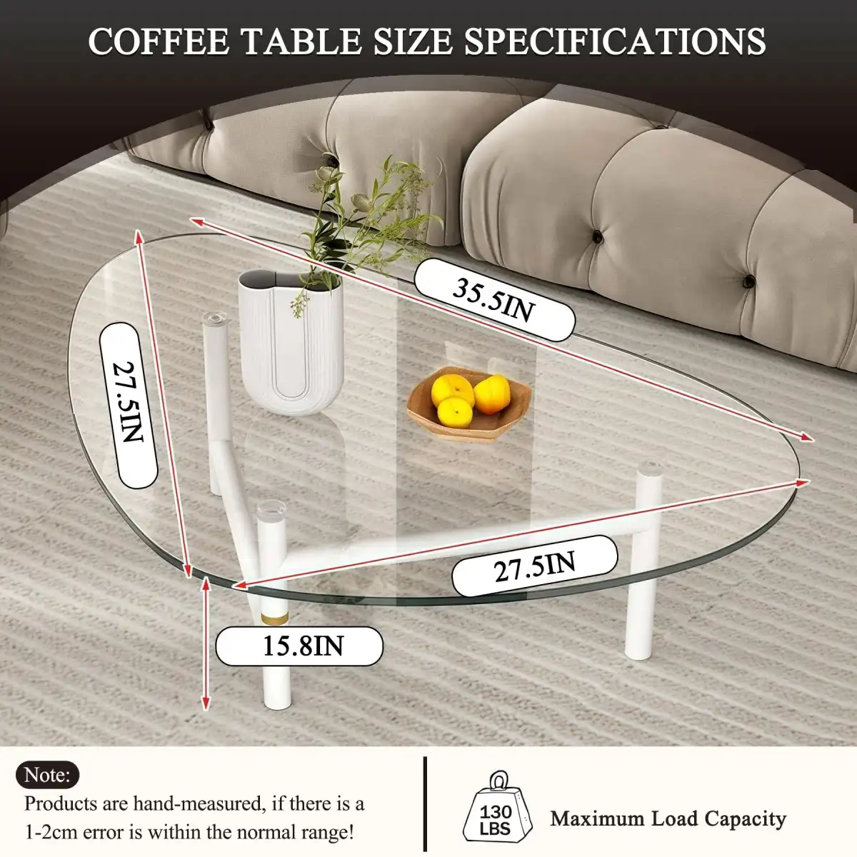 dnziqi 35.5" Small Triangle Coffee Table for Living Room, Tempered Glass Top & Sturdy Metal Legs, Space-Saving Modern Center Table for Apartments, Compact Oval Design with Easy Assembly - Image 2