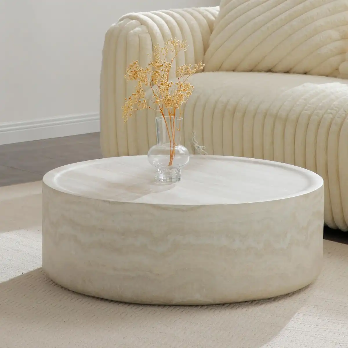 39.37" Marble Round Coffee Table for Living Room, Modern Large Circle Coffee Table Minimalist End Side Table for Living Room Apartment, Office, No Need Assembly, Marble - Image 1