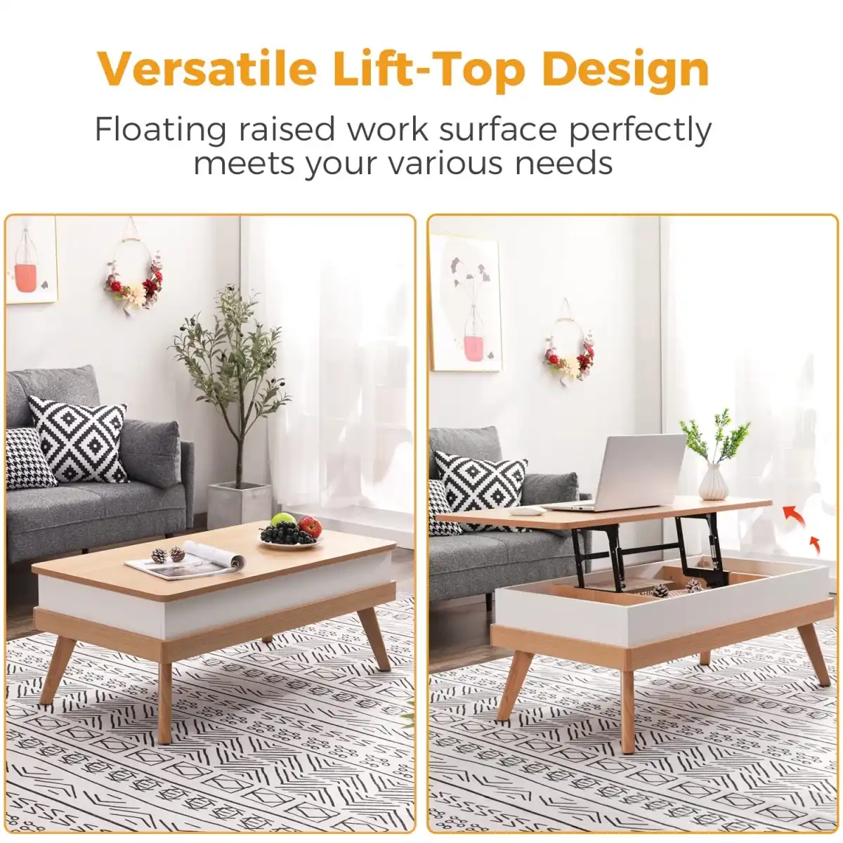 Bidiso Lift Top Coffee Center Table with Hidden Storage Compartment, Easy-to-Assembly , Dining Table for Living Room Reception/Home Office, Oak - Image 3