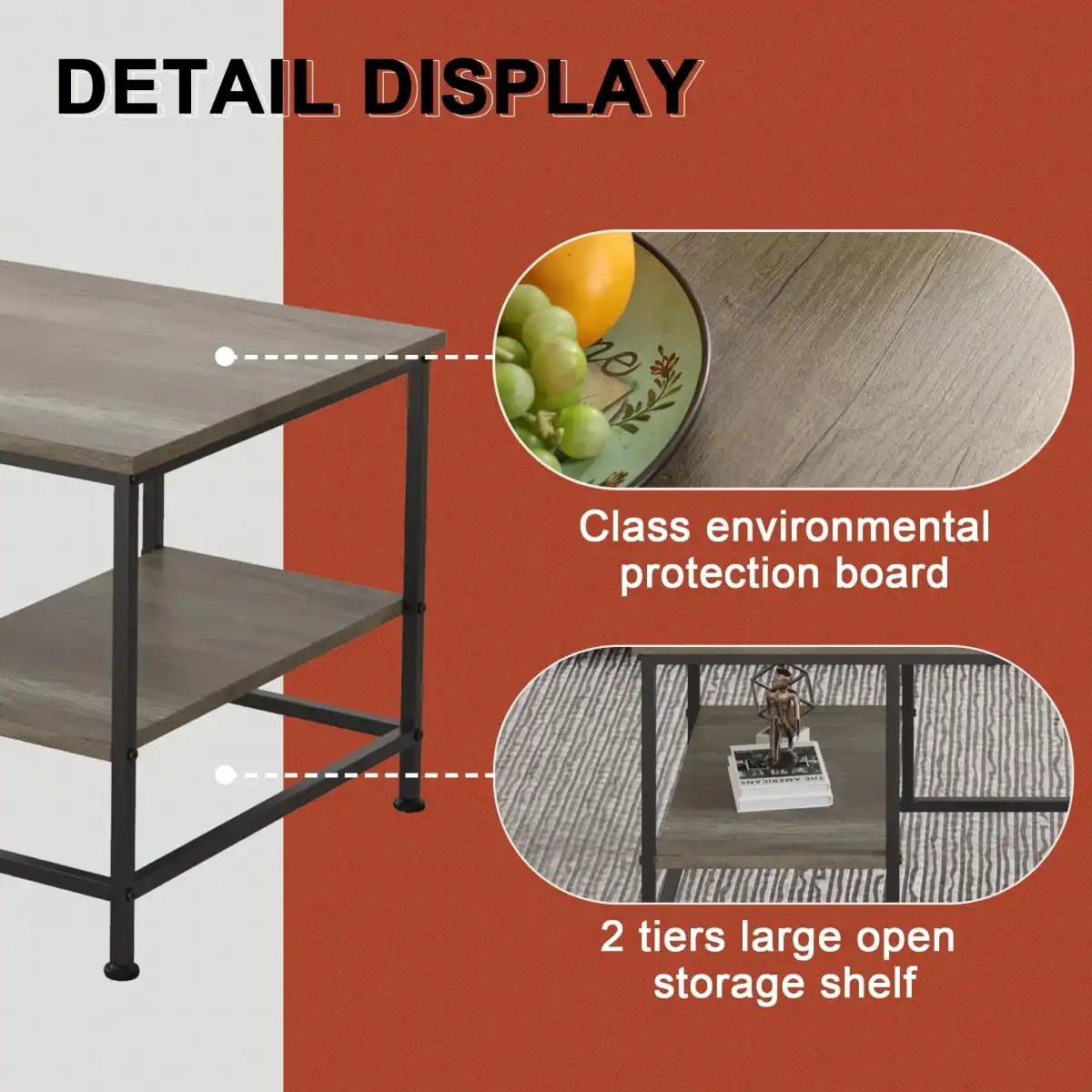 SENIG Grey Oak Rectangle Wood and Metal Coffee Table with Storage Shelf for Small Living Rooms with Shelf - Image 3