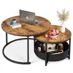 WLIVE Round Coffee Table Set of 2, 31.5" Nesting Coffee Table with Storage, Industrial Minimalist Center Table with Metal Frame, Easy Assembly for Living Room, Apartment, Rustic Brown