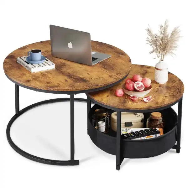WLIVE Round Coffee Table Set of 2, 31.5" Nesting Coffee Table with Storage, Industrial Minimalist Center Table with Metal Frame, Easy Assembly for Living Room, Apartment, Rustic Brown