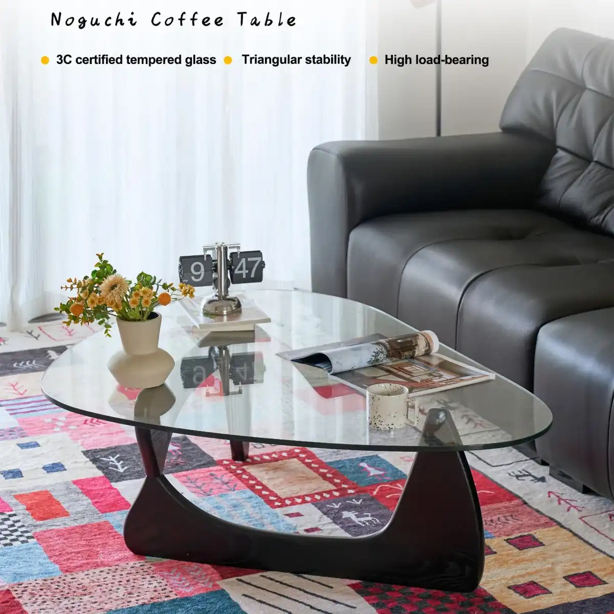 Coffee Table - Triangle Glass Coffee Table with Solid Wood Base Minimalist Modern Design Mid-Century Vintage End Table for Living Room Patio Study, 32.3  22.9  15.8 - Image 3