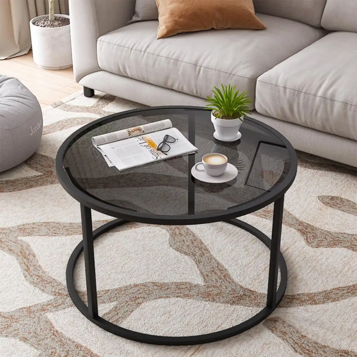 Glass Coffee Table Modern Center Table,Minimalist Round Coffee Tea Table,Tempered Glass-top with Sturdy Metal Frame for Living Room Bedroom Office and Small Space, 27 x 27 x 17 Inch,Gray Black - Image 4