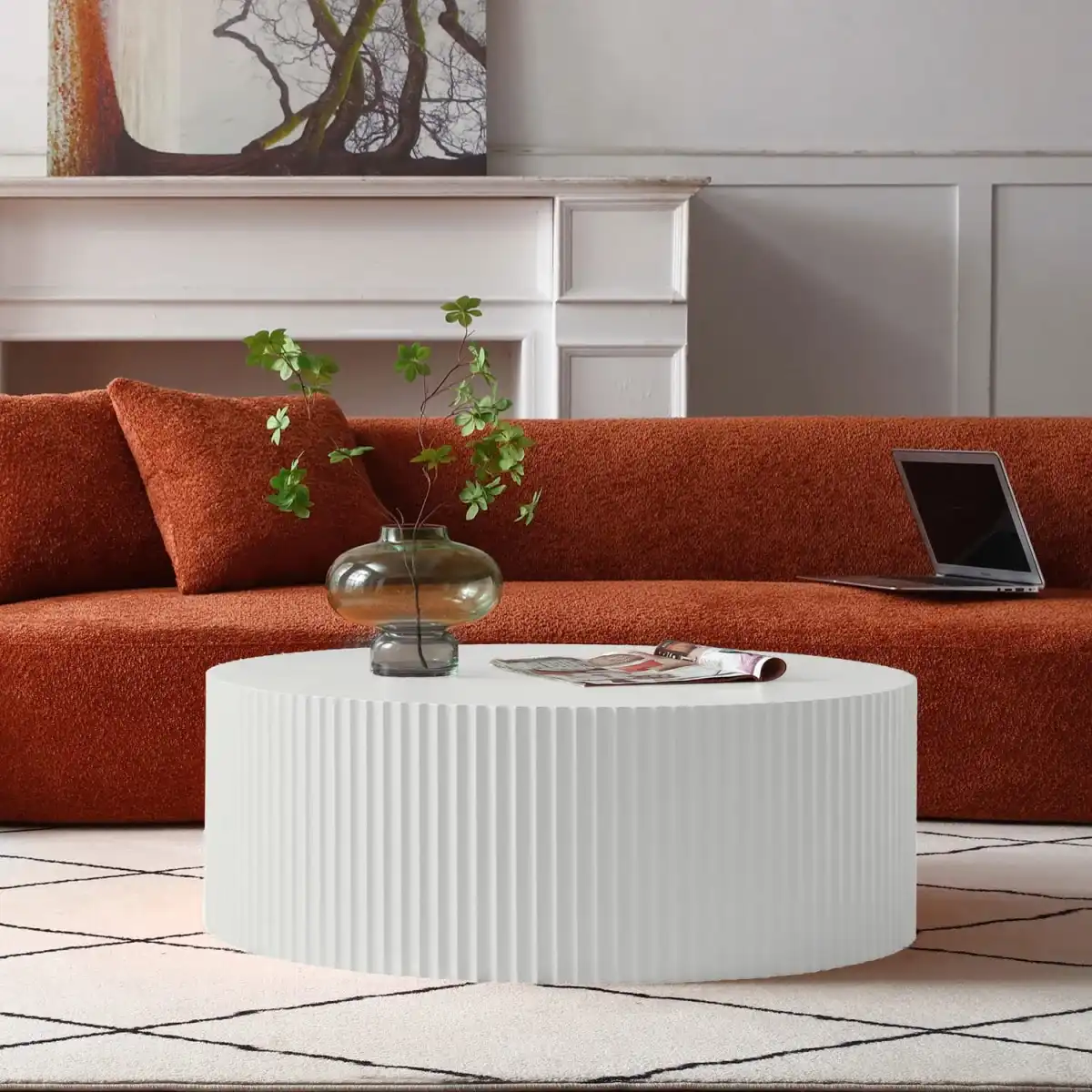 35.43'' Round Coffee Table for Living Room, Modern Wood Circle Tea Table, Minimalist Circular Drum Fluted Coffee Table, Unique Side Table End Table for Living Room, Apartment, White - Image 1