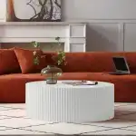 35.43'' Round Coffee Table for Living Room, Modern Wood Circle Tea Table, Minimalist Circular Drum Fluted Coffee Table, Unique Side Table End Table for Living Room, Apartment, White