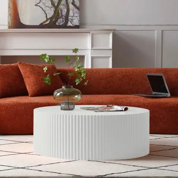 35.43'' Round Coffee Table for Living Room, Modern Wood Circle Tea Table, Minimalist Circular Drum Fluted Coffee Table, Unique Side Table End Table for Living Room, Apartment, White