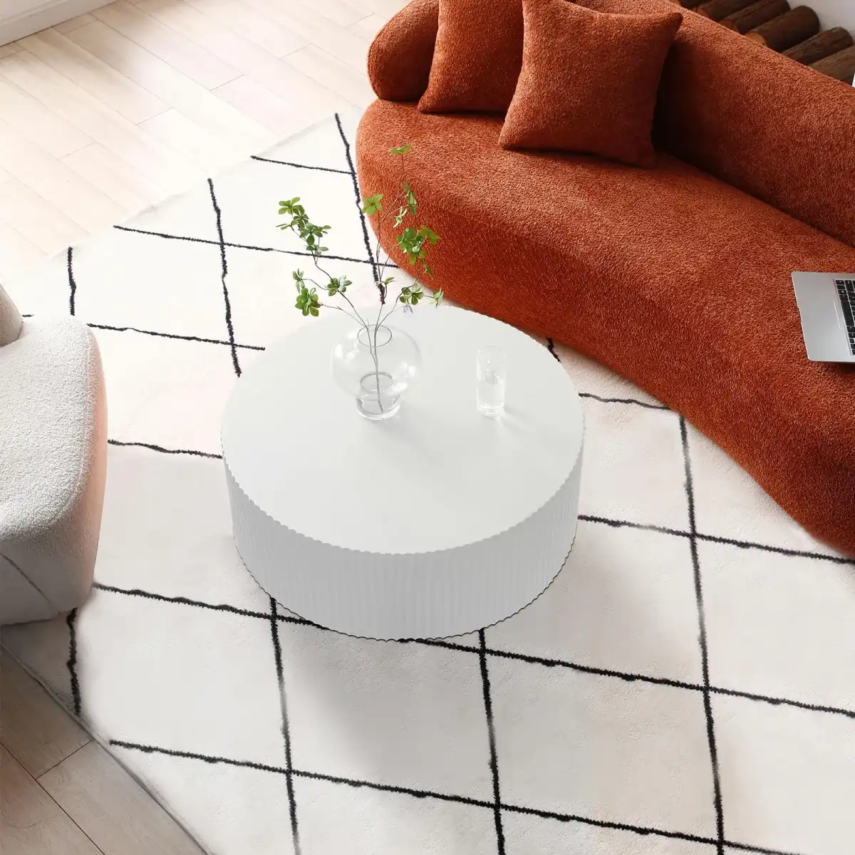 35.43'' Round Coffee Table for Living Room, Modern Wood Circle Tea Table, Minimalist Circular Drum Fluted Coffee Table, Unique Side Table End Table for Living Room, Apartment, White - Image 4