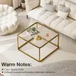 Coffee Table Glass, Minimalist Square Tables for Living Room, Modern Center Table for Office or Small Space, Tempered Glass, Sturdy Metal Frame, Easy Assembly, 26.4 x 26.4 x 15.7 Inches, Gold - Image 8