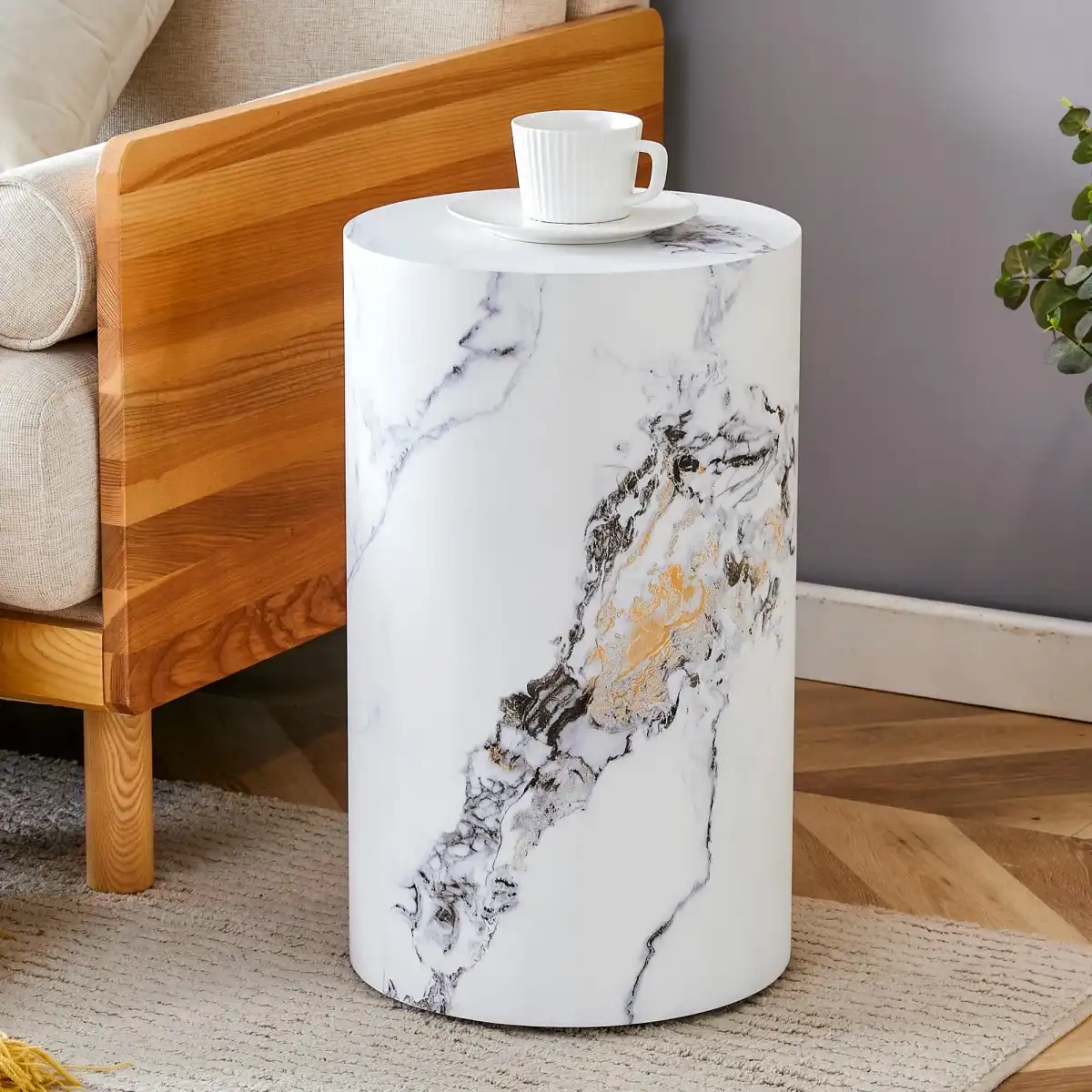 3 Piece Coffee Table Set of 3, Round Coffee Table and End Table Sets with Faux Marble Cylinder, Mordern Coffee Tables and Side Table Set for Living Room Apartment Office, No Assembling, White X 3 - Image 7