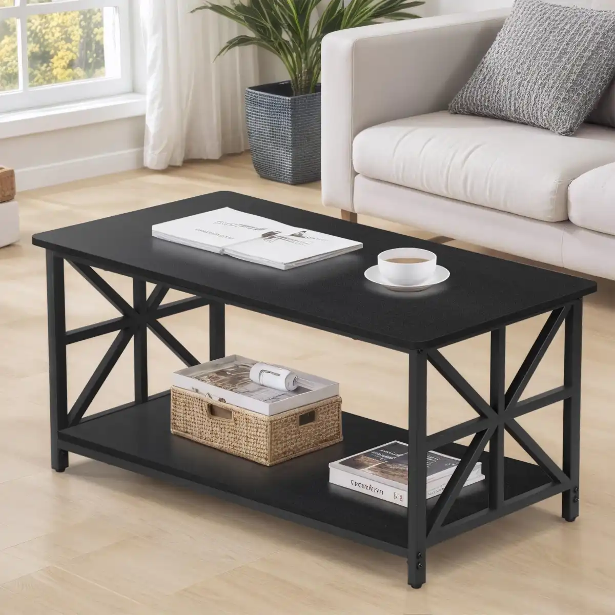 Epetlover 2-Tier Coffee Table for Living Room Industrial Modern Central Table with Wooden Tabletop Metal Frame Storage Shelf Accent Furniture for Home Office, Black - Image 1