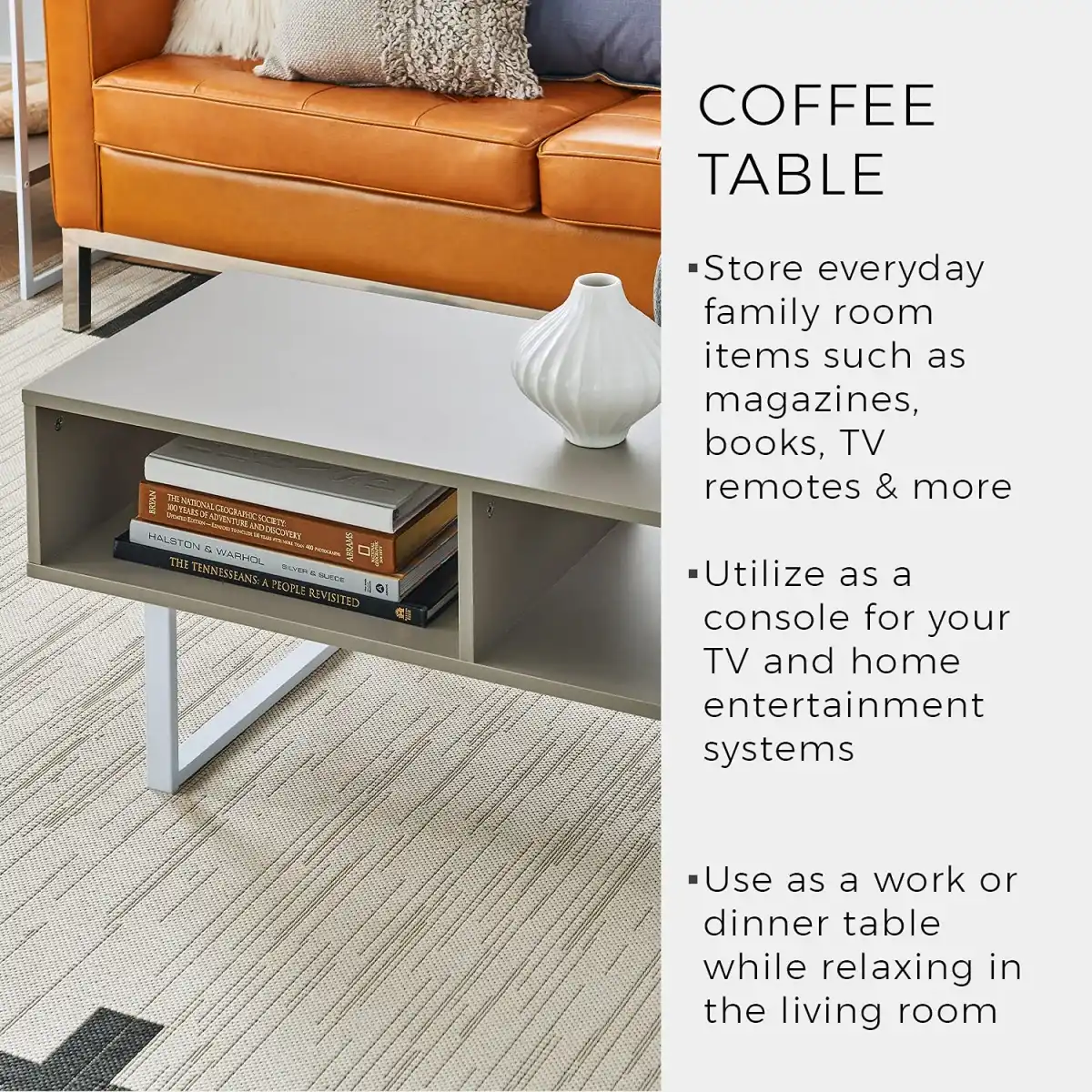 ClosetMaid 4962 Rectangular Wood Coffee Table with Storage Shelves, Taupe - Image 4