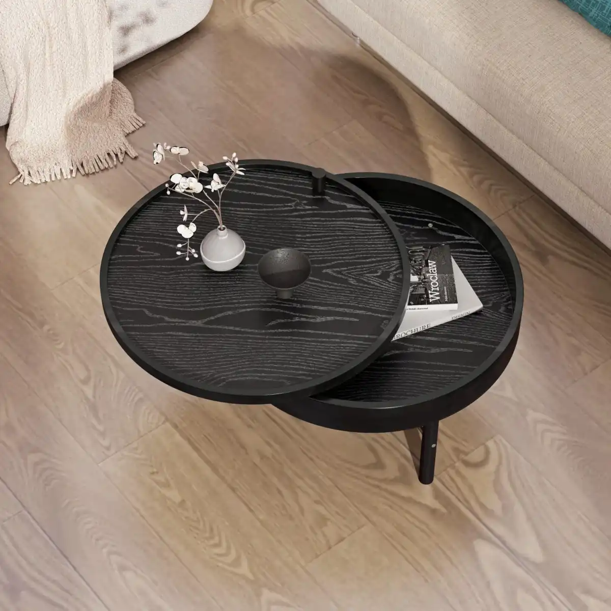 24" Coffee Table, Modern Round Wood Rotating Tray Coffee Table with Storage, Minimalist Circle Coffee Table with Metal Legs, Black Small Round Storage Coffee Tables Center Table for Living Room - Image 5