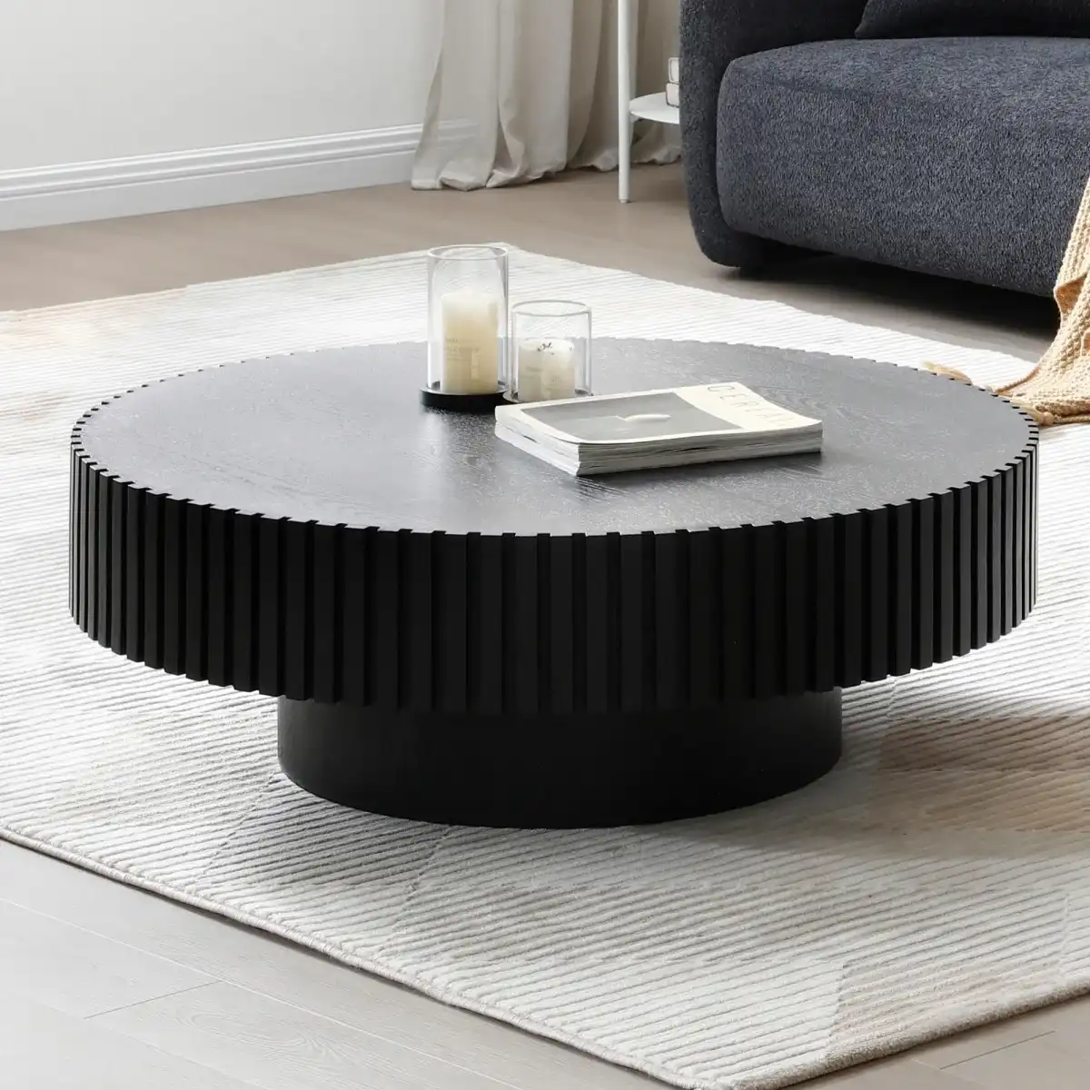 KEVINSPACE Black Round Coffee Table for Living Room Wood CoffeeTableRound Wood CoffeeTabl CircleCoffeeTable Modern Farmhouse Center TableCoffee Table Home Furniture 39.37" - Image 4