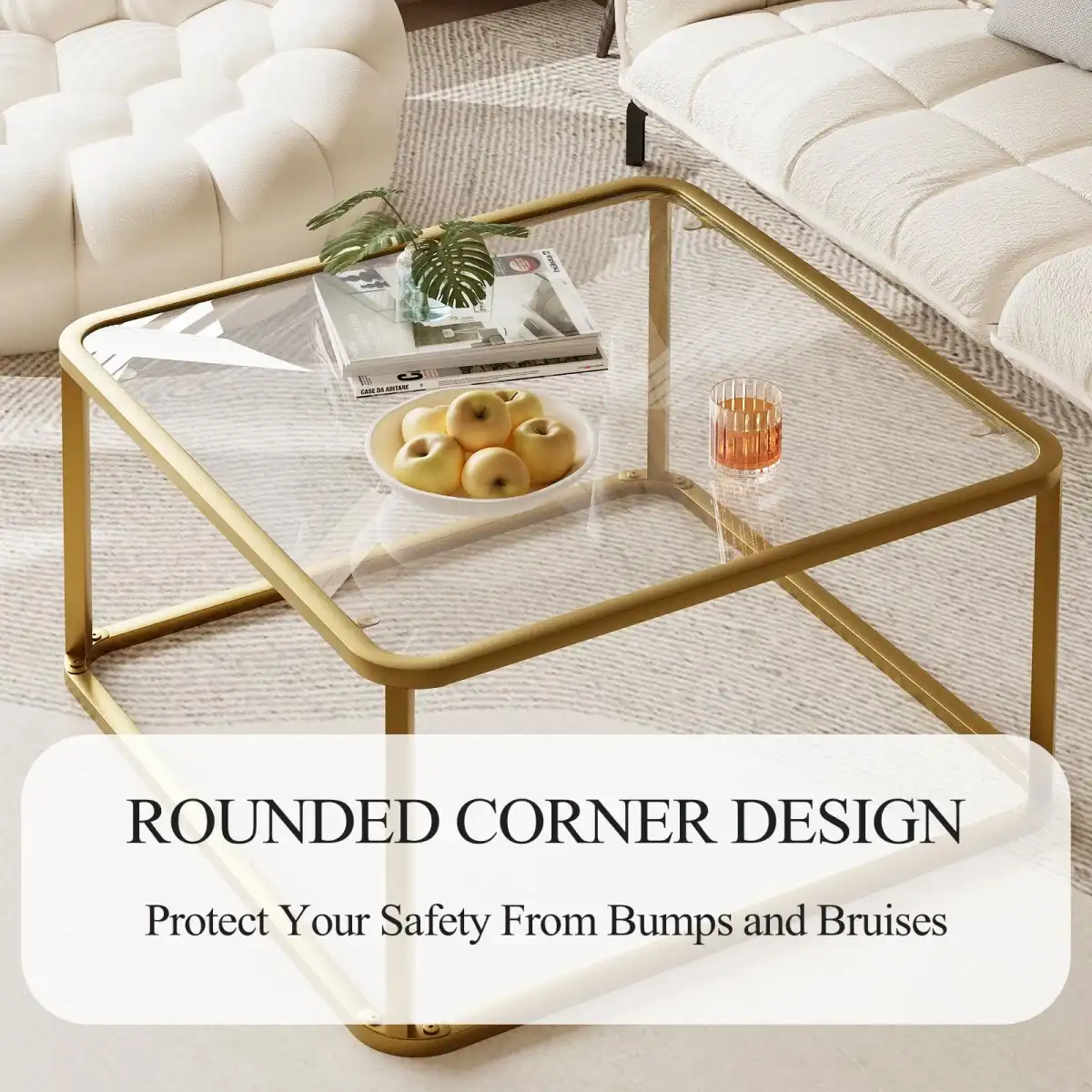 Coffee Table Glass, Minimalist Square Tables for Living Room, Modern Center Table for Office or Small Space, Tempered Glass, Sturdy Metal Frame, Easy Assembly, 26.4 x 26.4 x 15.7 Inches, Gold - Image 4