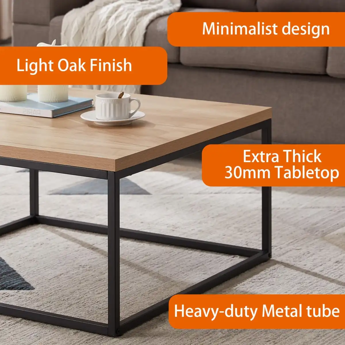 CENSI 30-Inch Natural Oak Square Coffee Table Ottoman for Living Room, Mid-Century Modern, Light Wood - Image 4