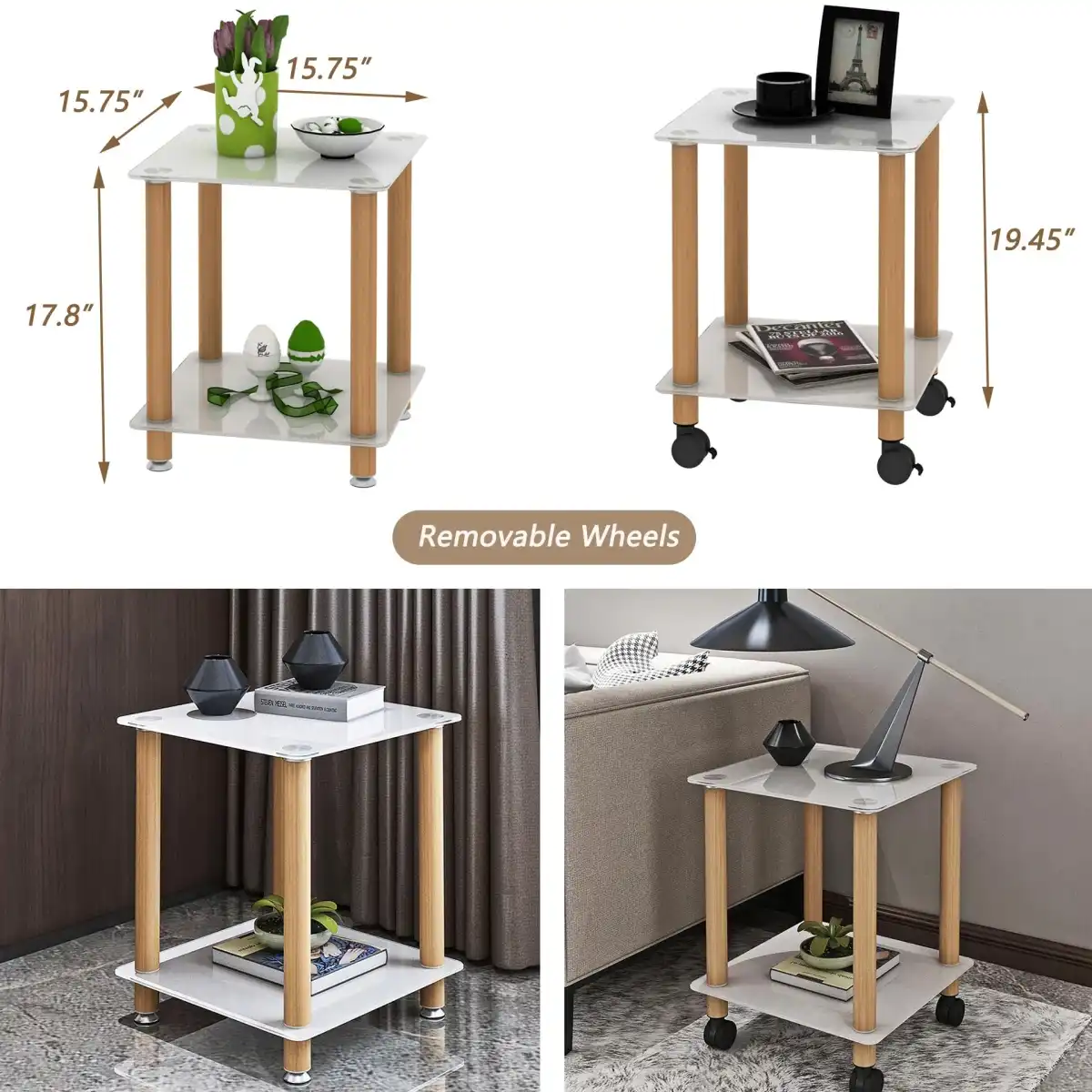 Modern Glass Coffee Table and End Table Set of 3 for Living Room, Rectangle 2-Layer with Storage, Oak Small Sofa Side Tables White Top with Wheels Furniture for Home Office, White - Image 5