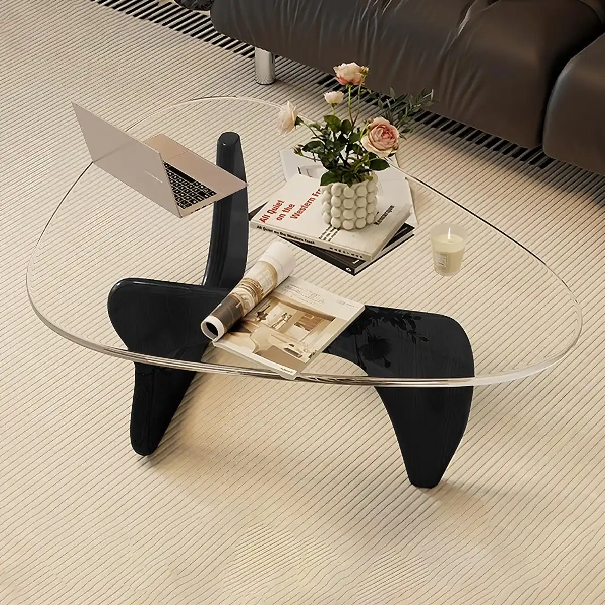 Coffee Table - Triangle Glass Coffee Table with Solid Wood Base Minimalist Modern Design Mid-Century Vintage End Table for Living Room Patio Study, 32.3  22.9  15.8 - Image 6