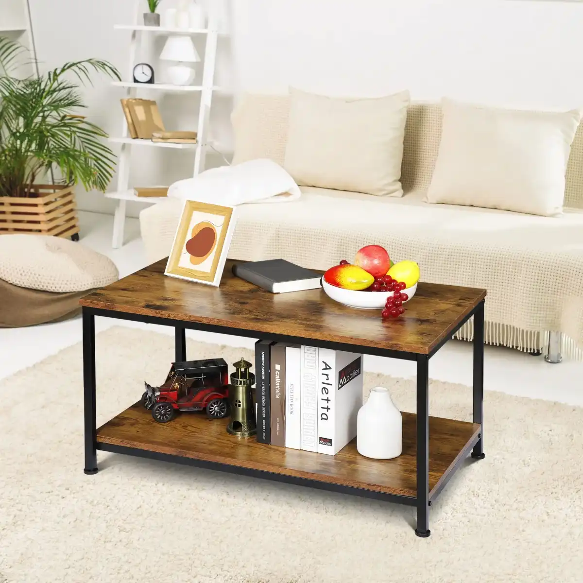 SUPER DEAL 2-Tier Industrial Coffee Table with Storage Shelf for Small Apartment Living Room, Rectangle Wood and Stable Metal TV Stand Side End Table, Retro Brown - Image 4